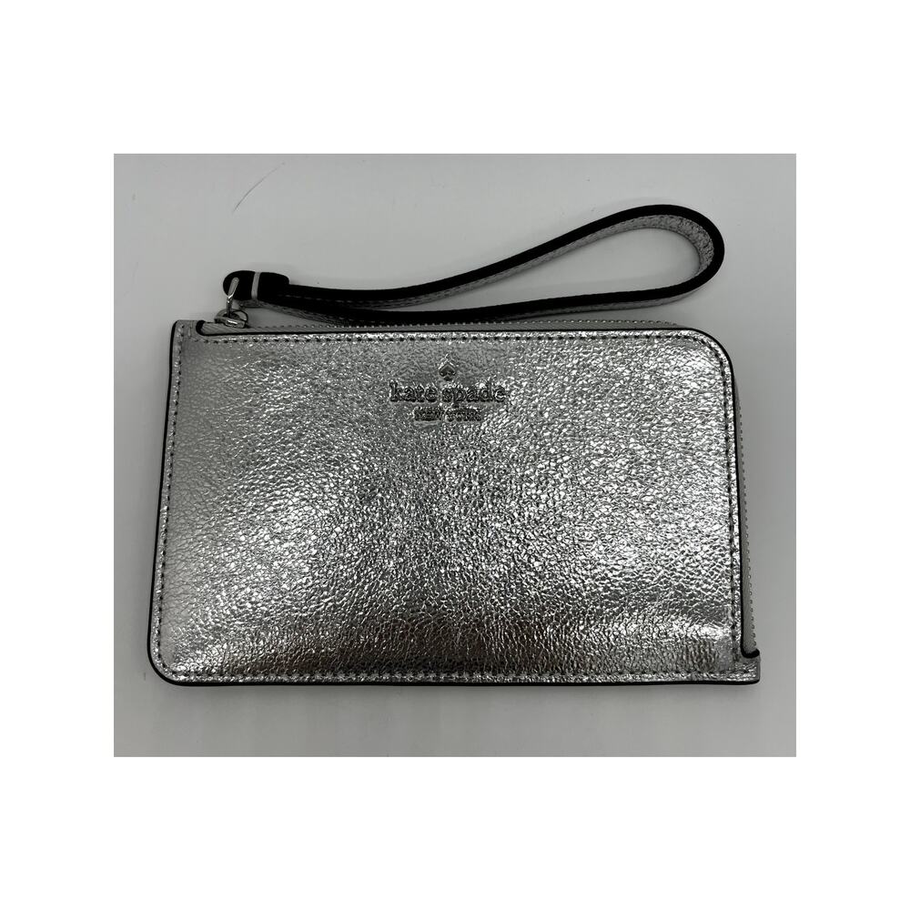 NWT Kate Spade Lucy Metallic Silver Small Leather Zipper Wristlet Wallet KJ031
